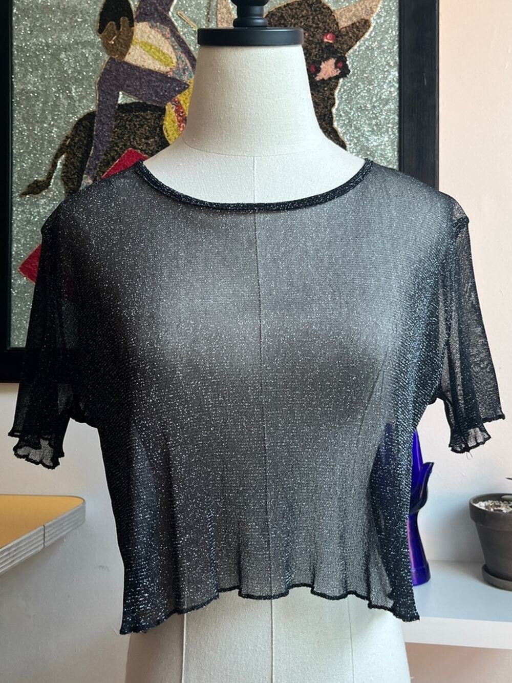 Y2K Sheer Black Shimmer Mesh Top | Metallic Short Sleeve Tee | M/L